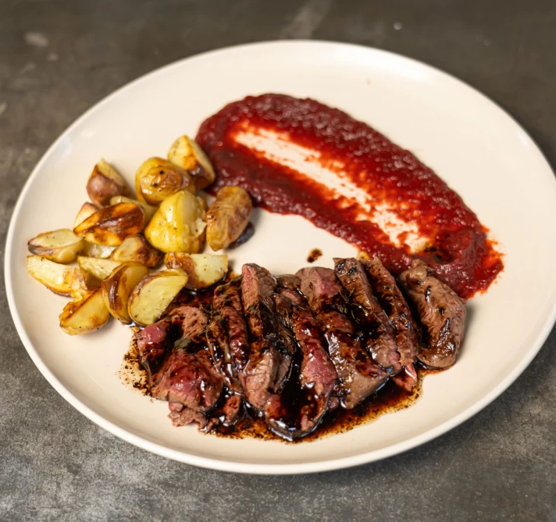Rehsteak mit Rote-Bete-Püree, knusprigen Kartoffeln und Rotweinsoße