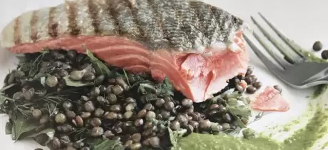 Lachs mit Salsa Verde aus Basilikum, Petersilie und Minze