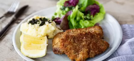 Rehschnitzel mit Kartoffelbrei und Salat
