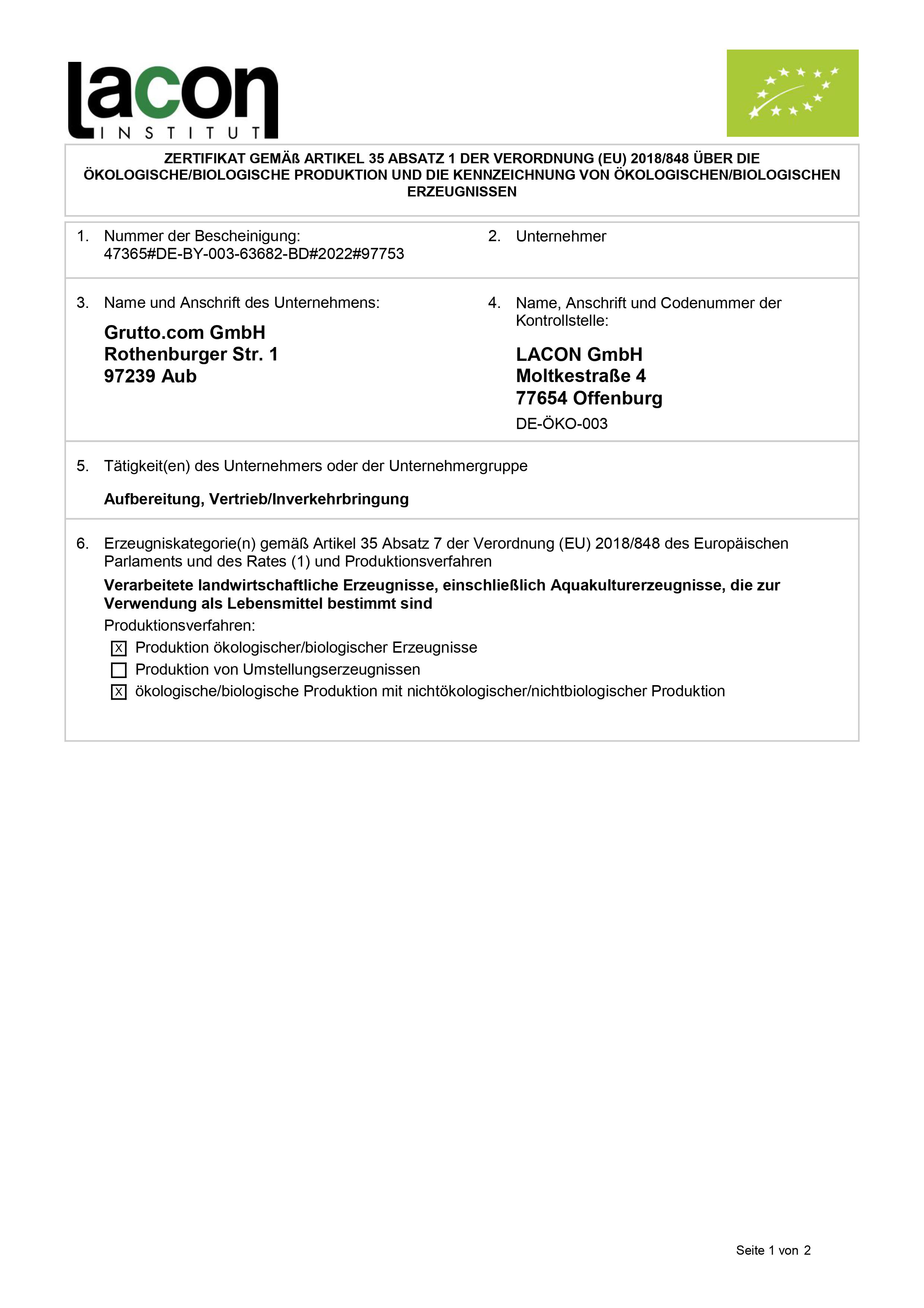 Öko/Bio Bescheinigung (Zertifikat)